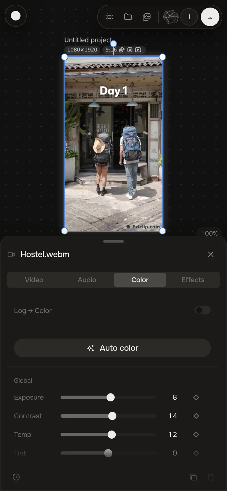 Eziclip Studio on a phone: the Color tab open in a bottom sheet over the board — Log to Color, Auto color, exposure, contrast and temperature sliders